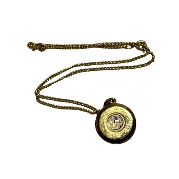 Vintage Gold Tone Round Locket Pendant Necklace Enamel Peacock Design - Picture 3 of 7